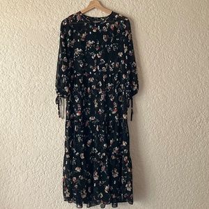 Madewell Sheer Dress Button Front Tier Black Floral Midi Tie Sleeves